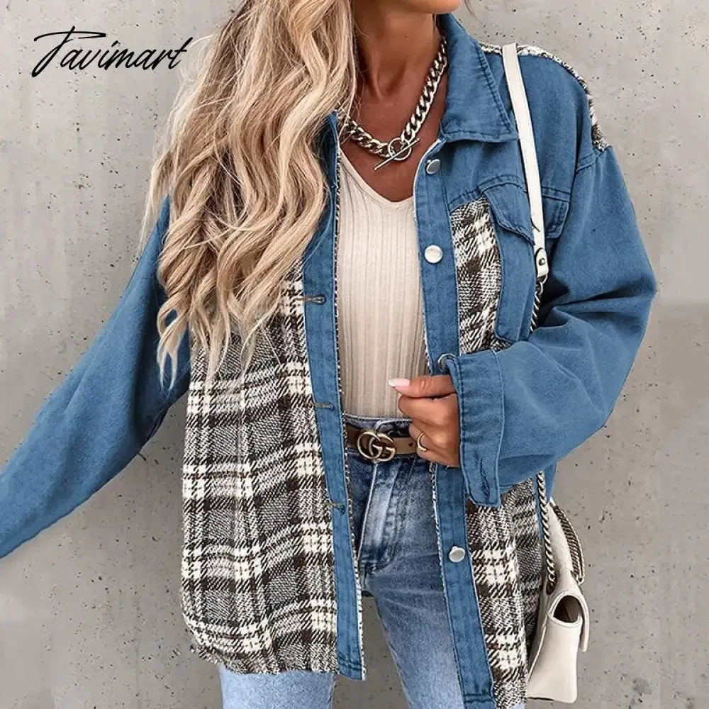 Tavimart Casual Button Turn-Down Collar Shirt Coat Top Women Fashion Commute Cardigan Coats Denim Jacket With Long Sleeve Plaid Patchwork