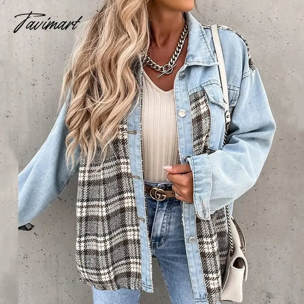 Tavimart Casual Button Turn-Down Collar Shirt Coat Top Women Fashion Commute Cardigan Coats Denim Jacket With Long Sleeve Plaid Patchwork