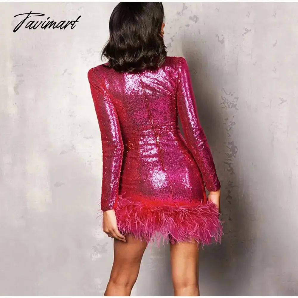 Tavimart Sexy Sequined Feather Mini Dress Women Autumn Long Sleeve Square Collar Bodycon Dresses Elegant Evening Party Club Short Dress