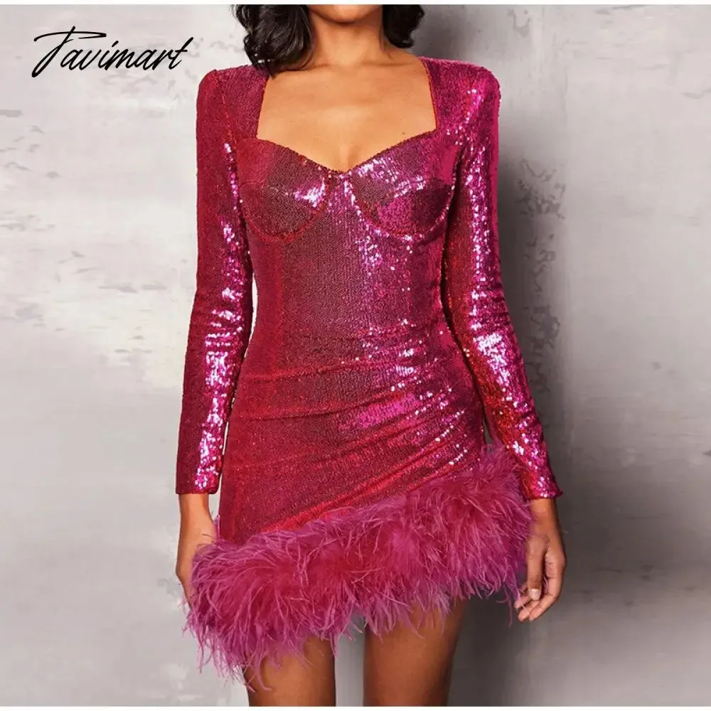 Tavimart Sexy Sequined Feather Mini Dress Women Autumn Long Sleeve Square Collar Bodycon Dresses Elegant Evening Party Club Short Dress