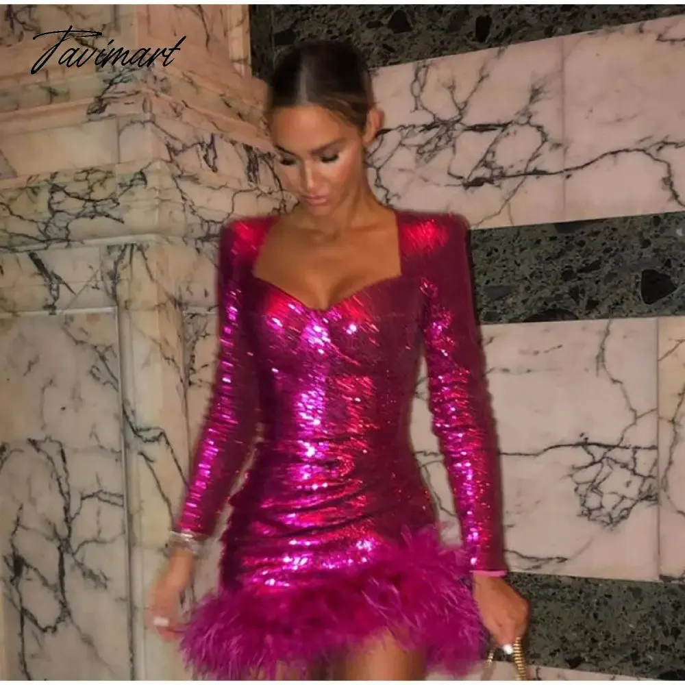 Tavimart Sexy Sequined Feather Mini Dress Women Autumn Long Sleeve Square Collar Bodycon Dresses Elegant Evening Party Club Short Dress