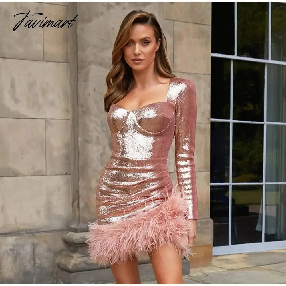 Tavimart Sexy Sequined Feather Mini Dress Women Autumn Long Sleeve Square Collar Bodycon Dresses Elegant Evening Party Club Short Dress