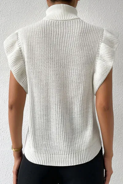 TEEK - White Turtleneck Cap Ruffle Sleeve Sweater