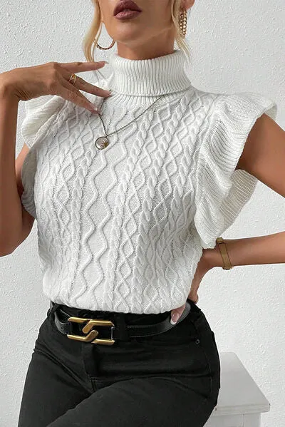 TEEK - White Turtleneck Cap Ruffle Sleeve Sweater