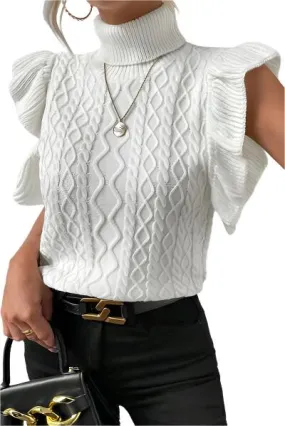 TEEK - White Turtleneck Cap Ruffle Sleeve Sweater