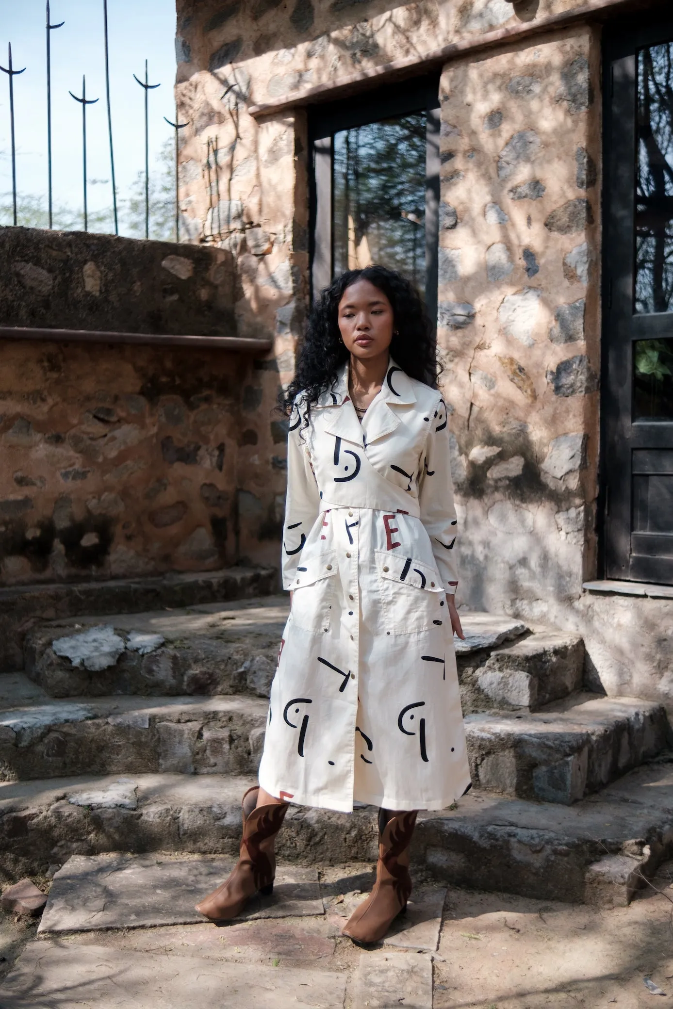 The Terra Tribe Ecru Line Printed Copenhagen Trench