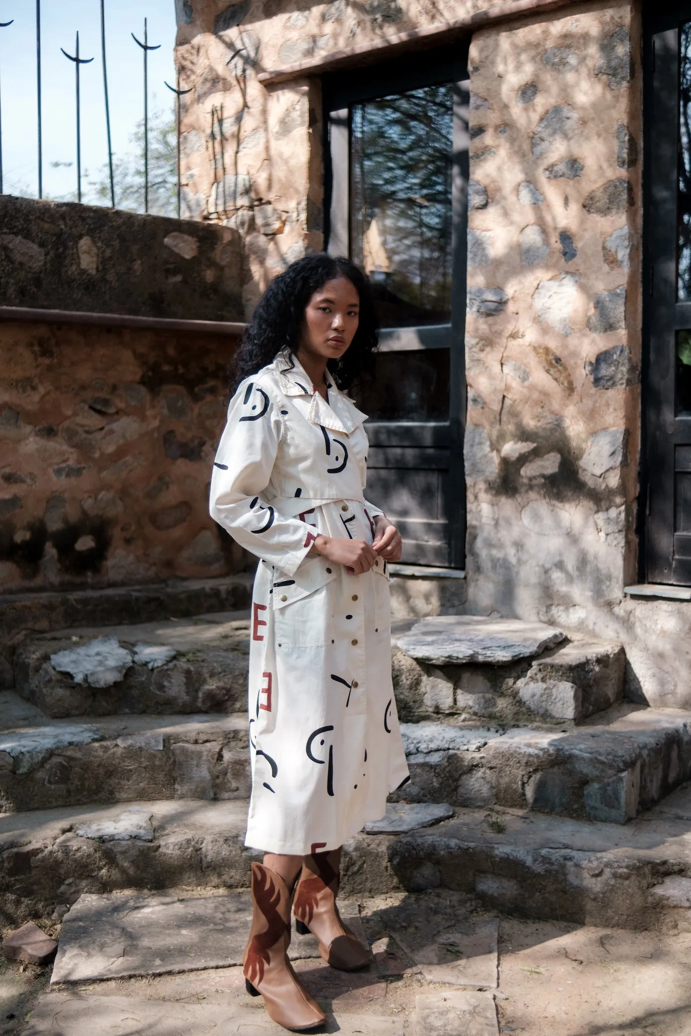 The Terra Tribe Ecru Line Printed Copenhagen Trench