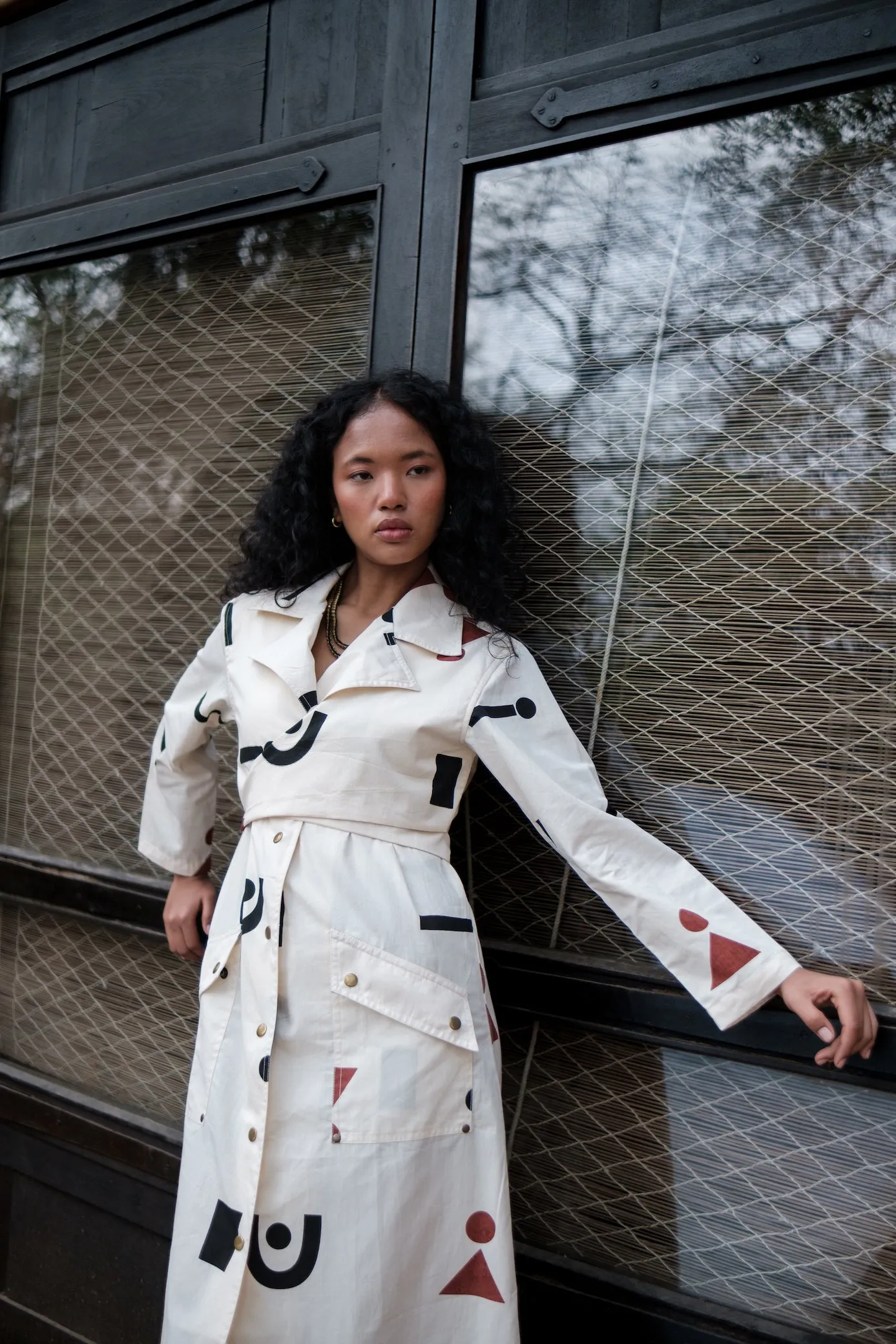 The Terra Tribe Ecru Triangle Printed Copenhagen Trench