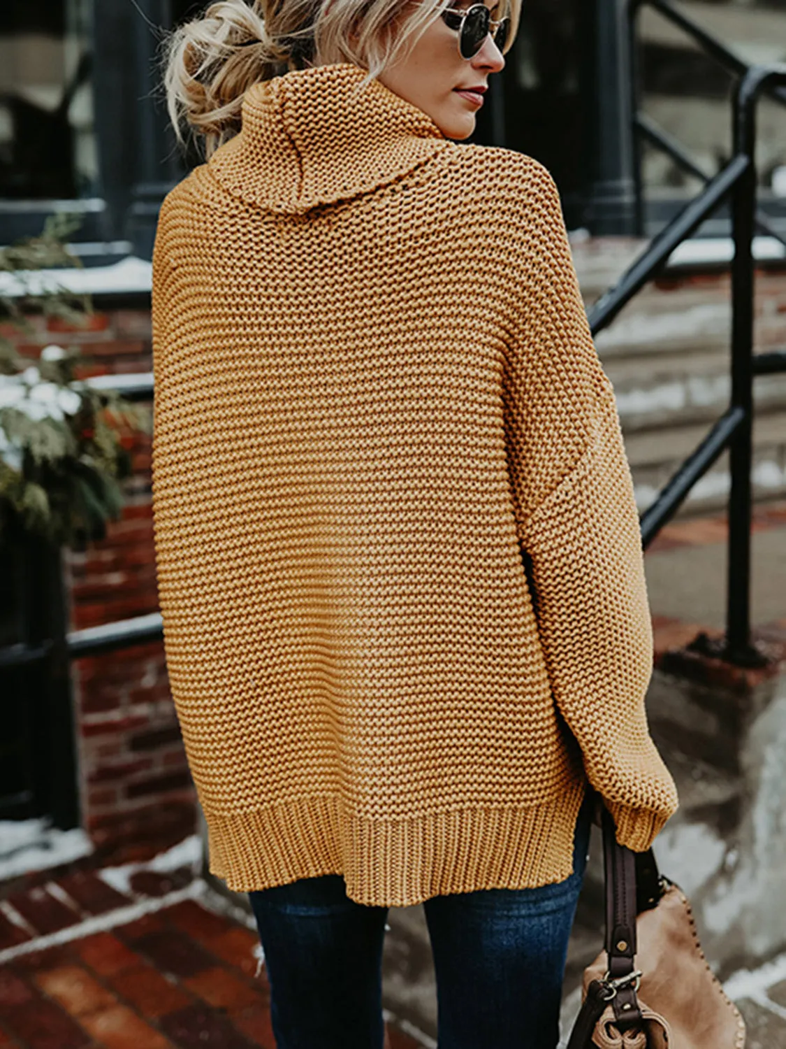 Turtleneck Dropped Shoulder Slit Sweater