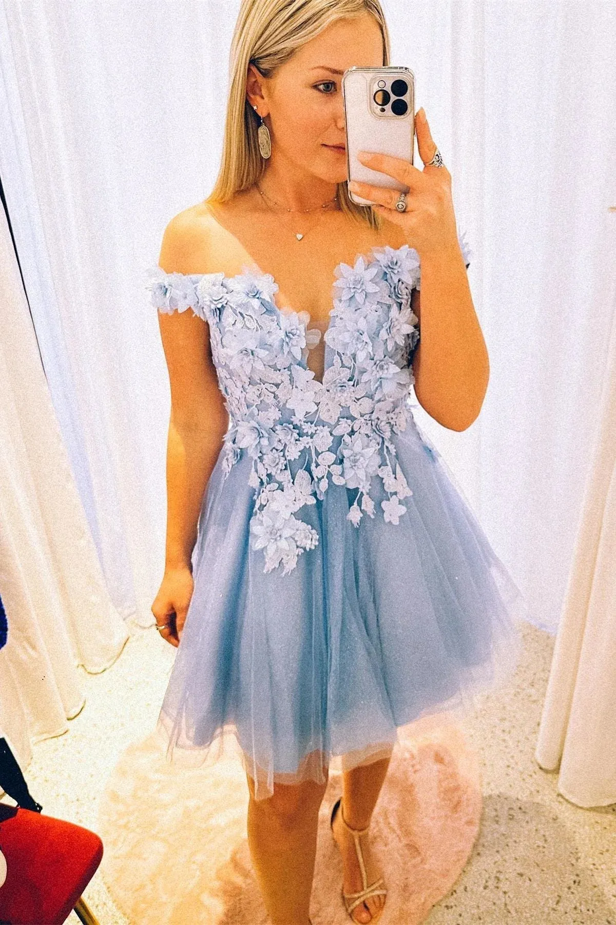 Unique Light Blue 3D flowers Off Shoulder Homecoming Dress