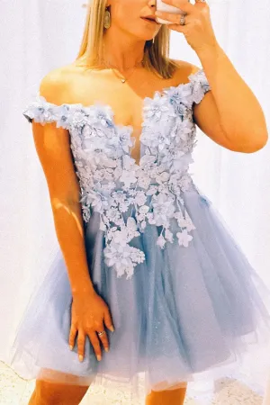 Unique Light Blue 3D flowers Off Shoulder Homecoming Dress