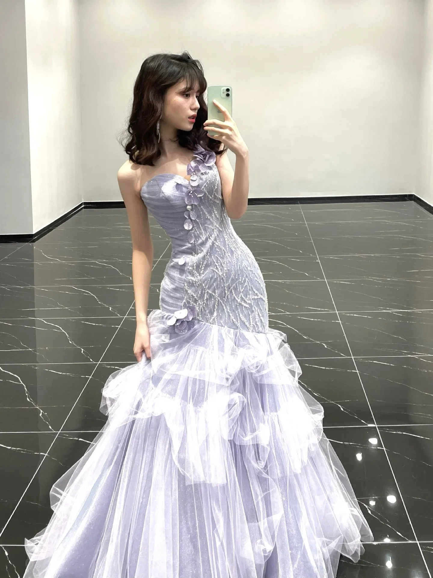 Uniwim Purple Sequin Mermaid Bride Formal Evening Party Dress 3D Floar Shoulder Tulle Princess Birthday Gown for Wedding Guest