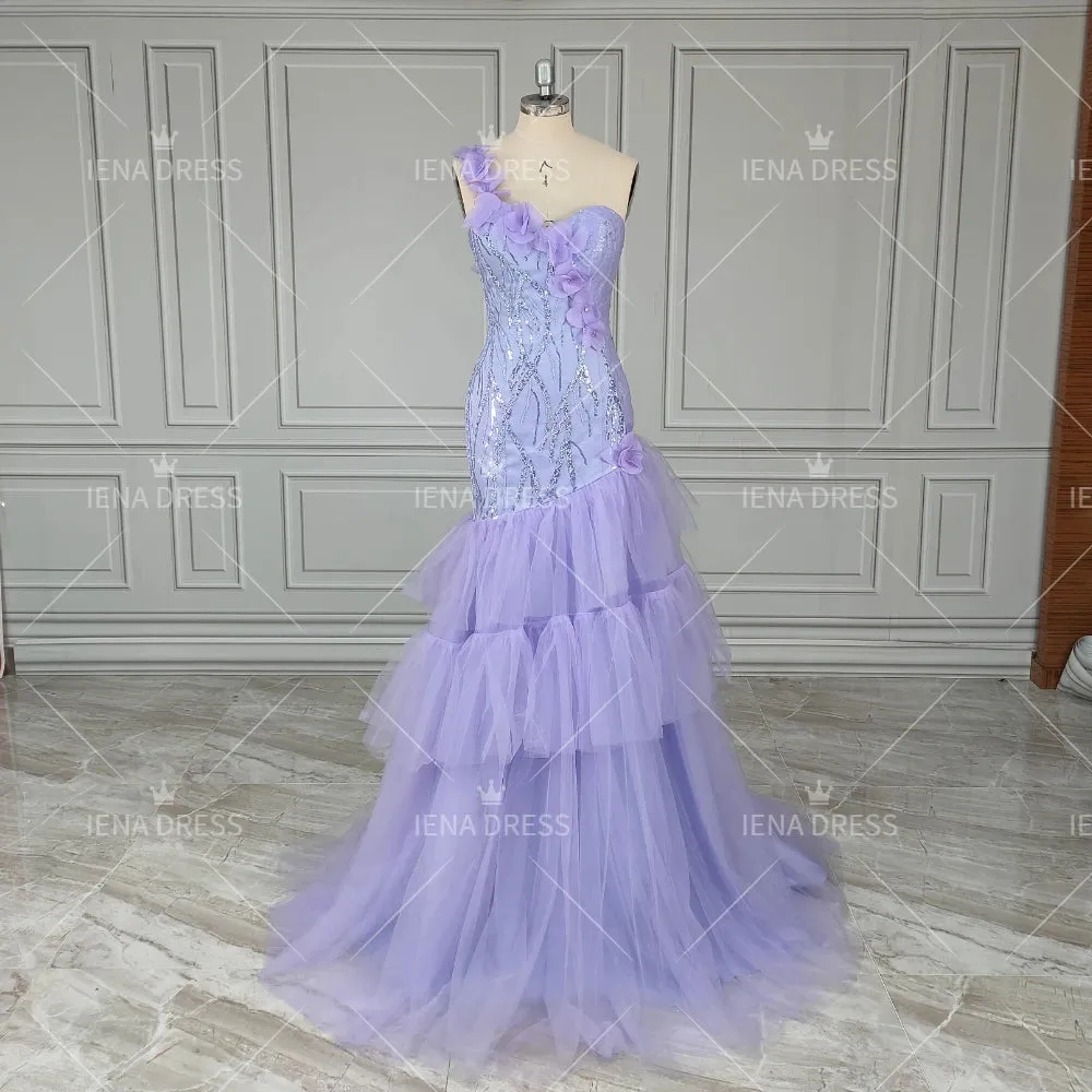 Uniwim Purple Sequin Mermaid Bride Formal Evening Party Dress 3D Floar Shoulder Tulle Princess Birthday Gown for Wedding Guest