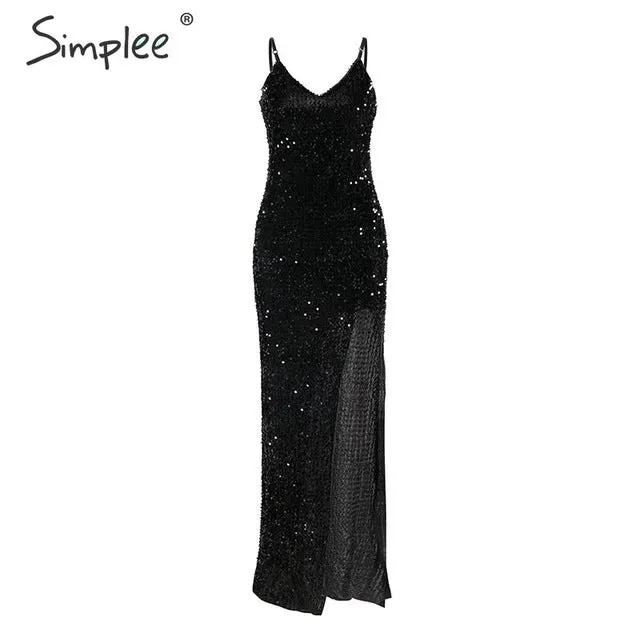 V-neck sequined long dress Spaghetti strap split plus size Elegant bodycon party Dress