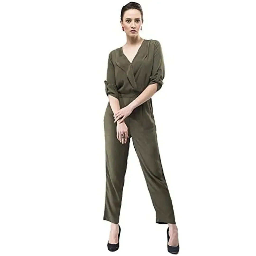 V&M Olive Green Rayon Solid Wrap V-Neck 34 Roll-Up Sleeves Straight Leg Jumpsuit for Women