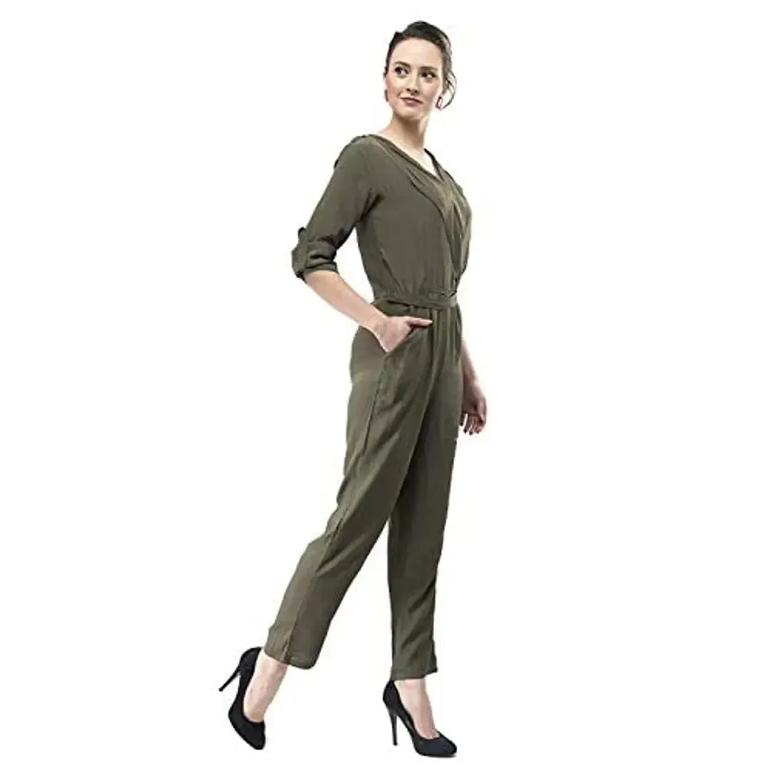 V&M Olive Green Rayon Solid Wrap V-Neck 34 Roll-Up Sleeves Straight Leg Jumpsuit for Women