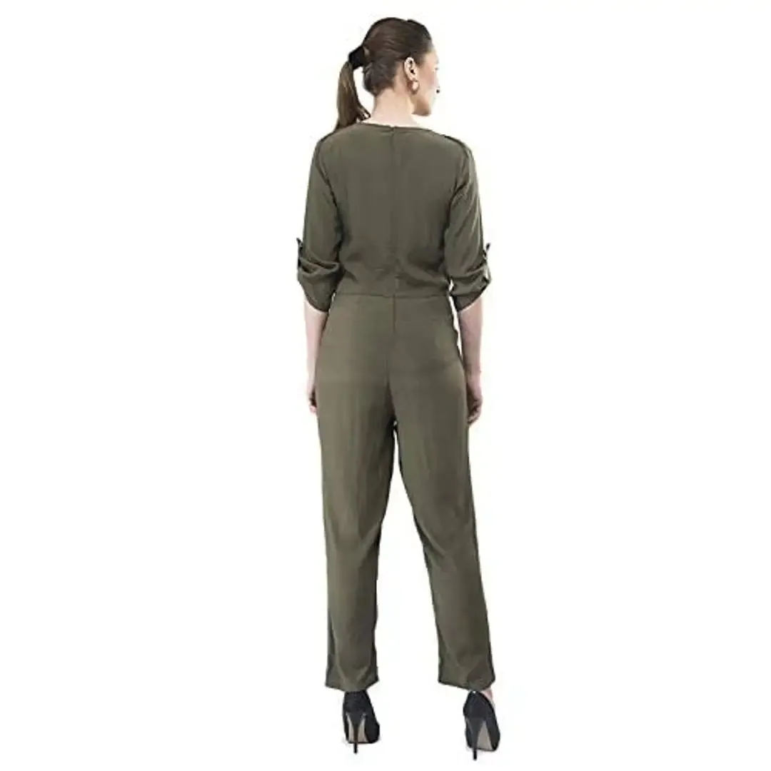 V&M Olive Green Rayon Solid Wrap V-Neck 34 Roll-Up Sleeves Straight Leg Jumpsuit for Women