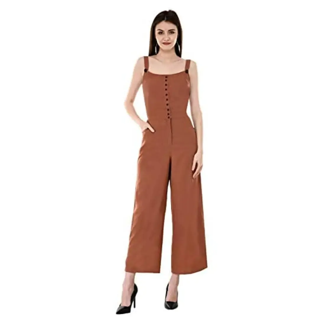 V&M Rust Color Crepe Designer Front Button Open Shoulder Strap Jumpsuit for Women (vm198)