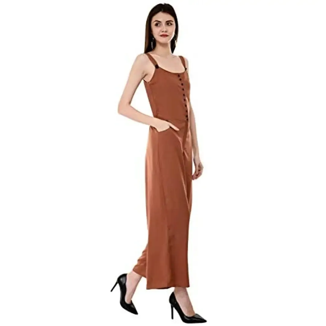 V&M Rust Color Crepe Designer Front Button Open Shoulder Strap Jumpsuit for Women (vm198)