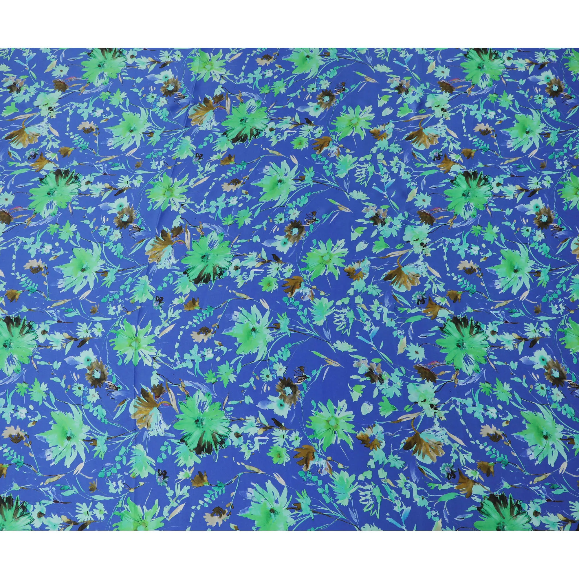 Vibrant Blue & Green Floral Silk Satin Fabric with Mirror Work - 110 cm Width-D20275