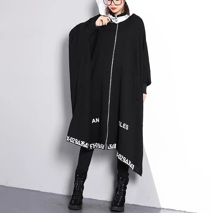 vintage black coat Loose fitting turn-down collar zippered long coat 2018 Batwing Sleeve asymmetric Coat