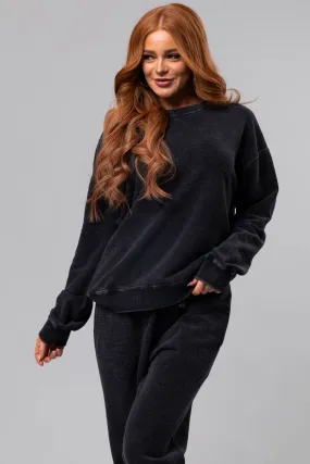 Washed Black Textured Cotton Crew Neck Sweatshirt