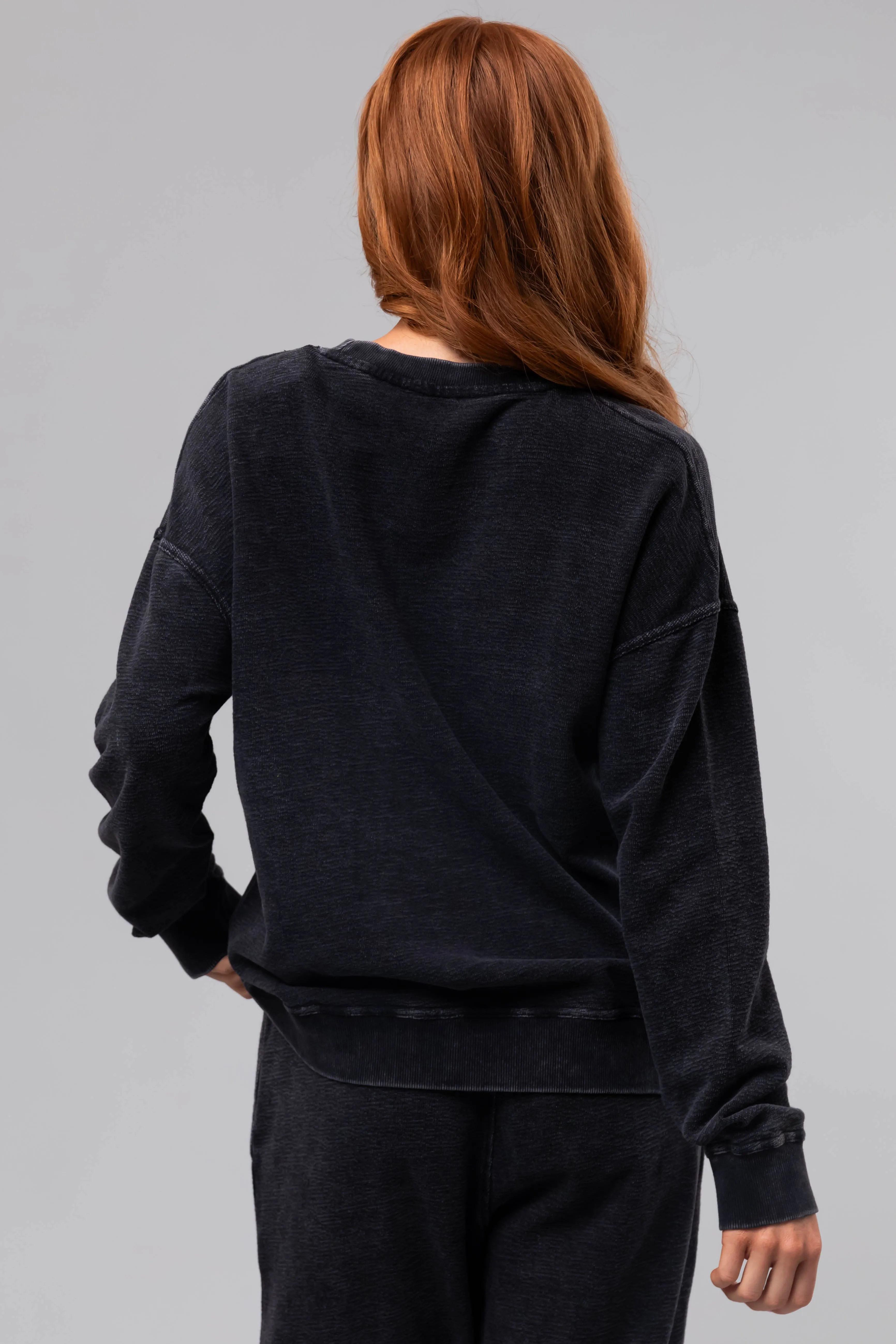 Washed Black Textured Cotton Crew Neck Sweatshirt