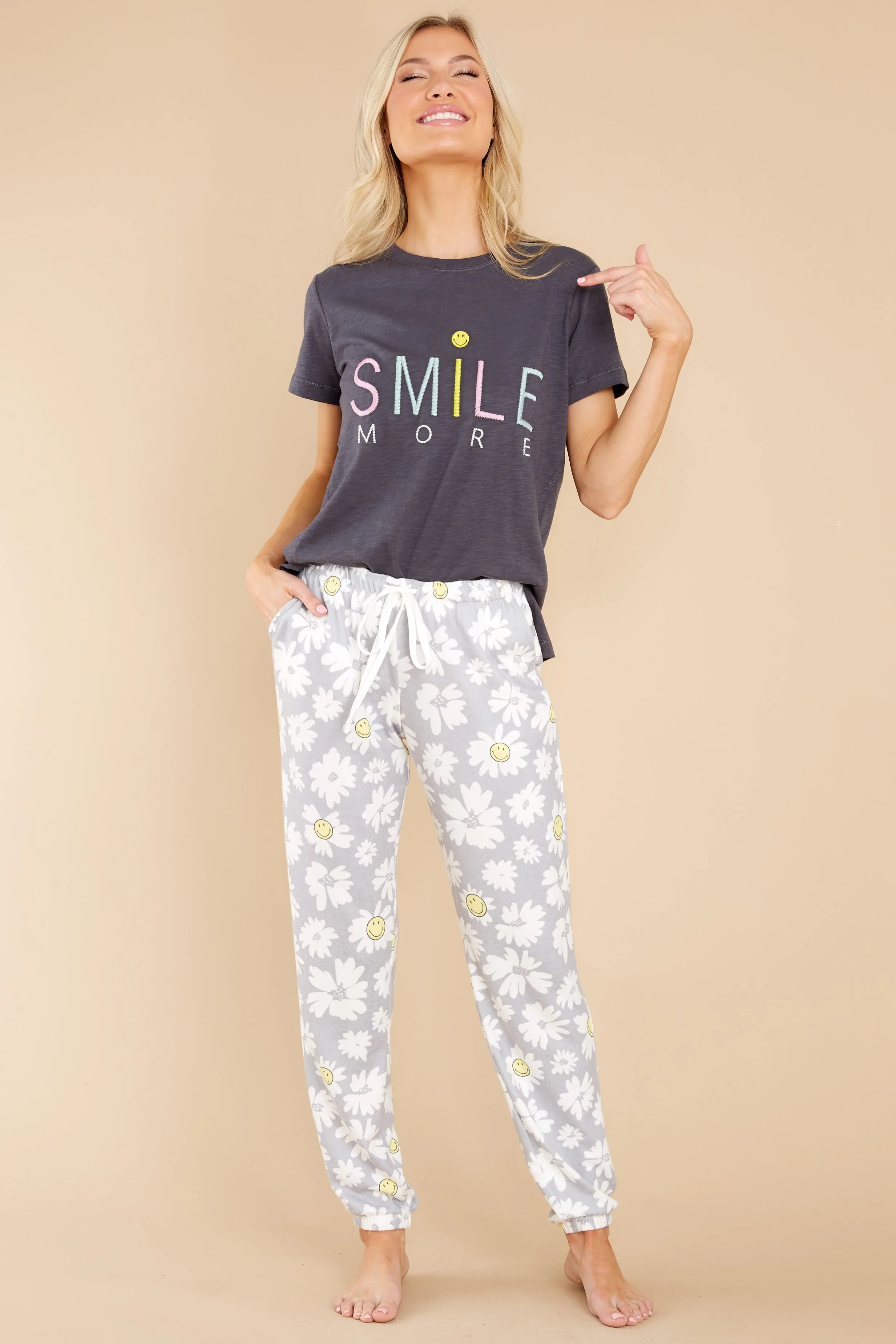 Wear A Smile Grey Print Joggers