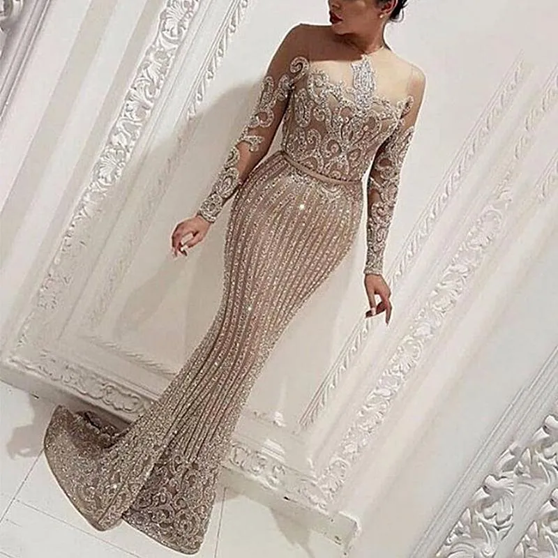 Wenkouban Winter Women's Sexy High Waist Bodycon Dress Bronze Ball Dresses Female Dinner Party Long Sleeve Full Length Dress Shiny Sequins