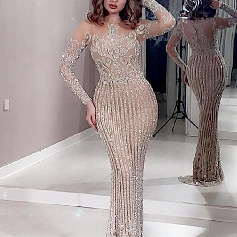 Wenkouban Winter Women's Sexy High Waist Bodycon Dress Bronze Ball Dresses Female Dinner Party Long Sleeve Full Length Dress Shiny Sequins