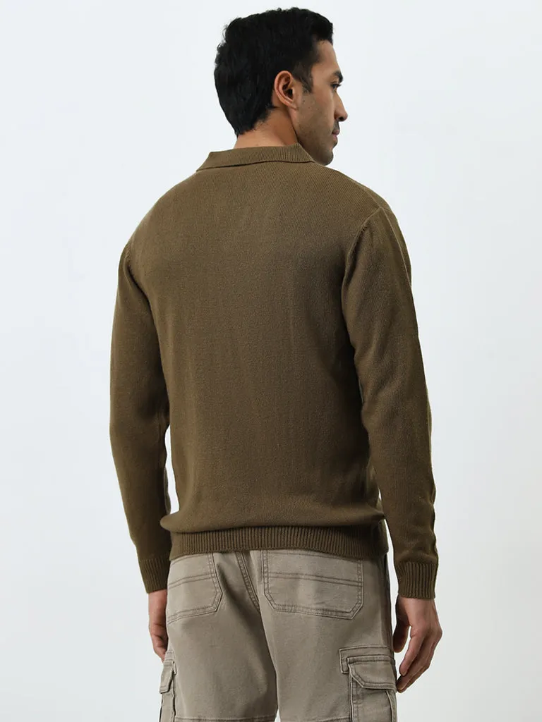 WES Casuals Tan Knitted Relaxed-Fit Sweater