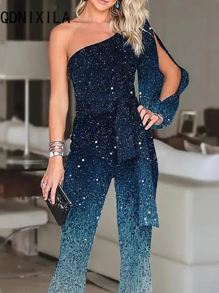 Women Elegant Long Jumpsuits Summer New Gradient Printed Sexy Inclined Collar Women's Jumpsuit Blue High Waisted Wide Leg Pants 3XL S9029323