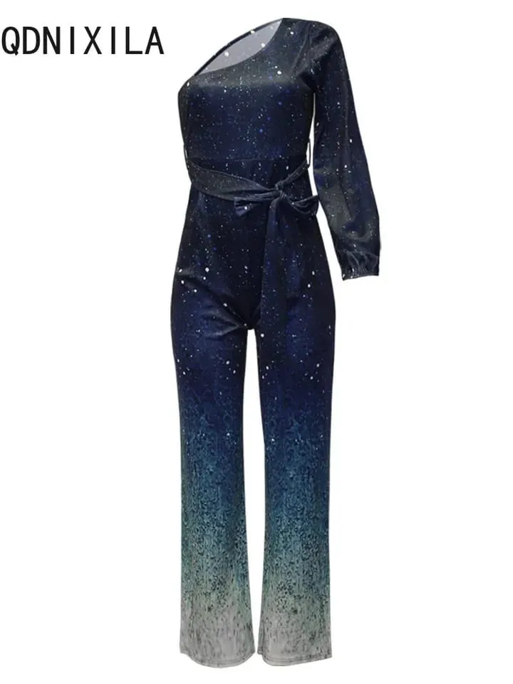 Women Elegant Long Jumpsuits Summer New Gradient Printed Sexy Inclined Collar Women's Jumpsuit Blue High Waisted Wide Leg Pants 3XL S9029323