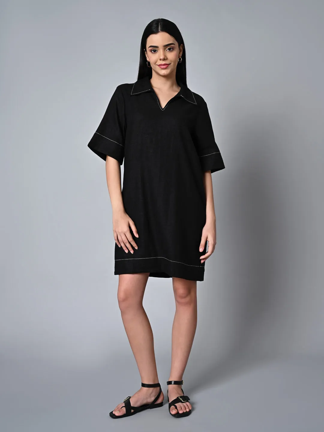 Women's Black Linen Viscose Regular Fit Dress