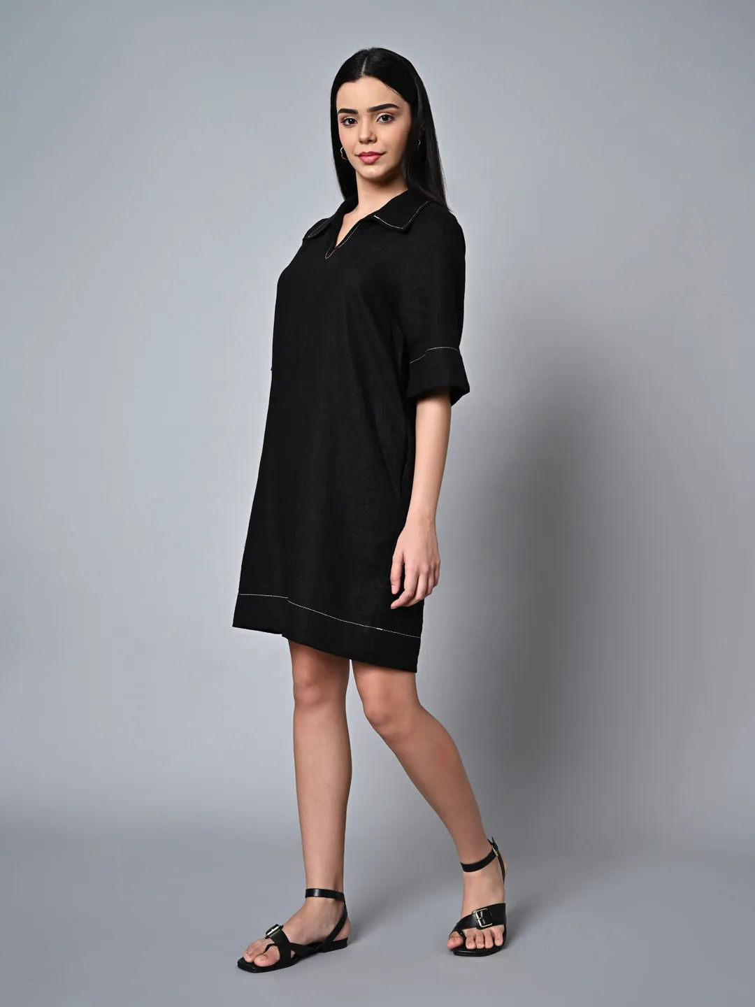 Women's Black Linen Viscose Regular Fit Dress