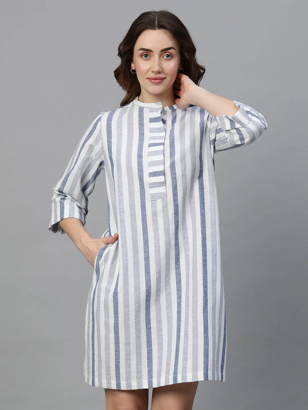 Women's Blue Cotton Linen Regular Fit Dress