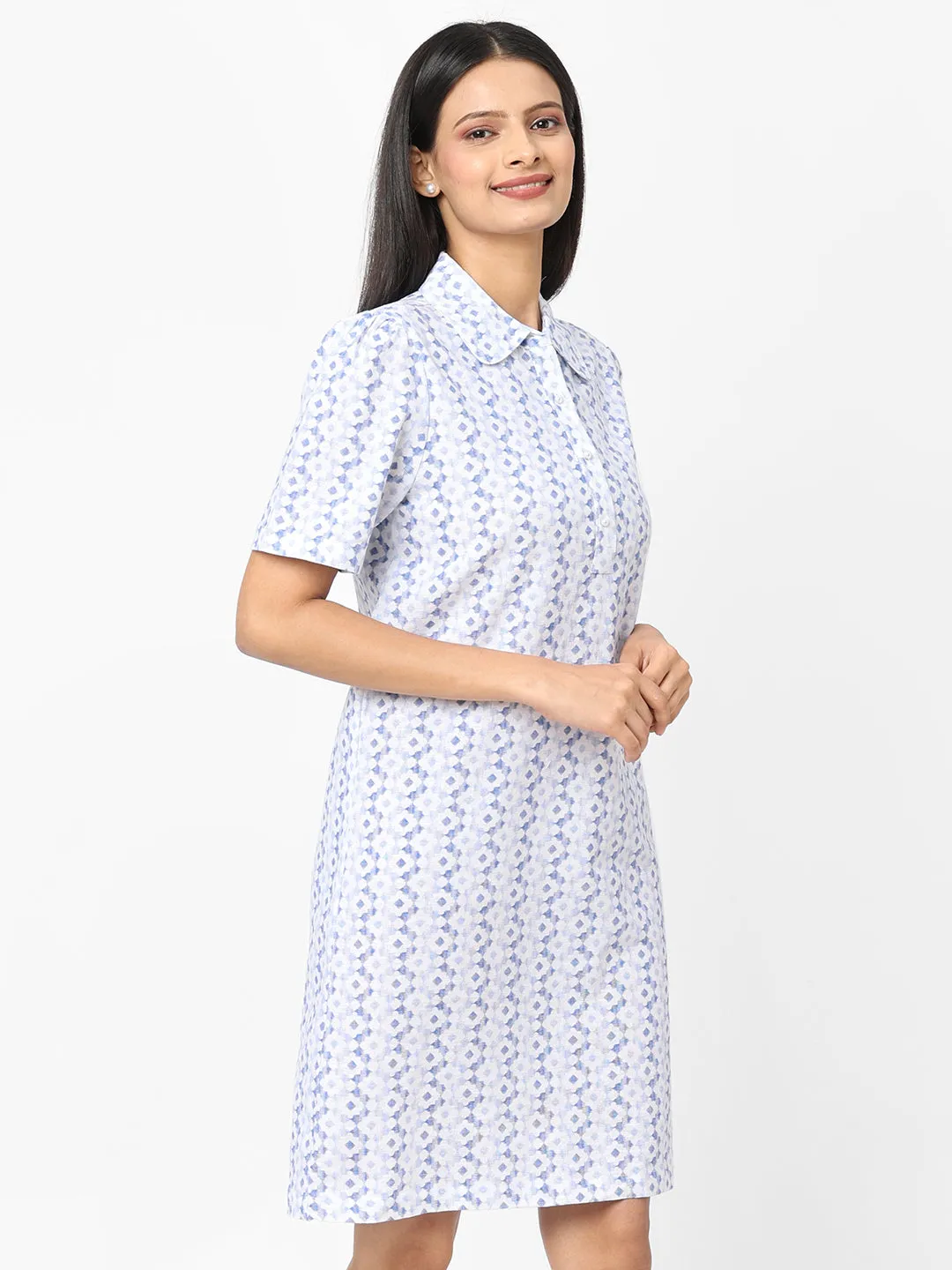 Womens Blue Linen Cotton Regular Fit Dress