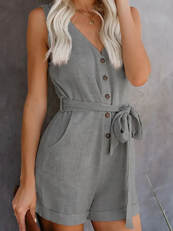 Woven V-Neck Button-Up Sleeveless Jumpsuit