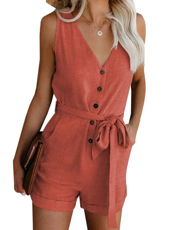 Woven V-Neck Button-Up Sleeveless Jumpsuit