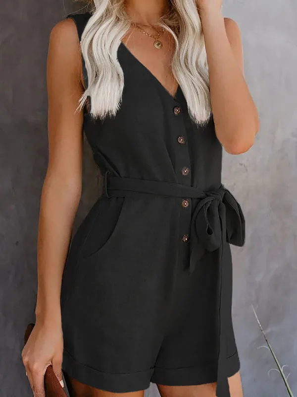 Woven V-Neck Button-Up Sleeveless Jumpsuit