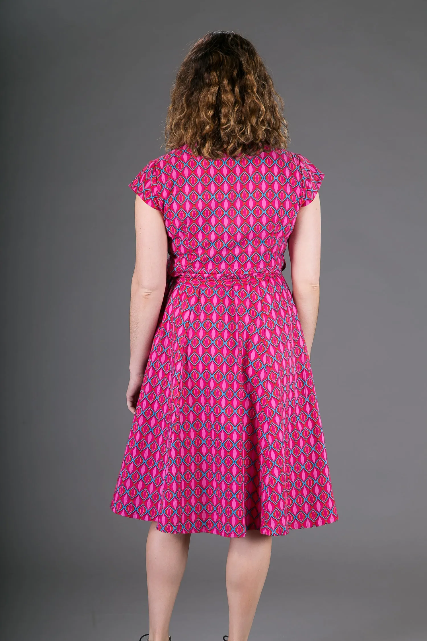 Wrap Cotton Dress Pink Geometric Print