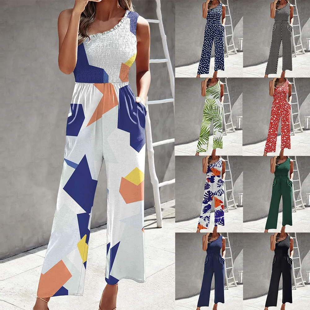 xiangtuibao Cross-Border Women's Clothing New Fashion Jumpsuit HOTan and NEWn Sexy Oblique Shoulder Tops Printed Waist-Controlled Wide Leg Pants Loose Trousers