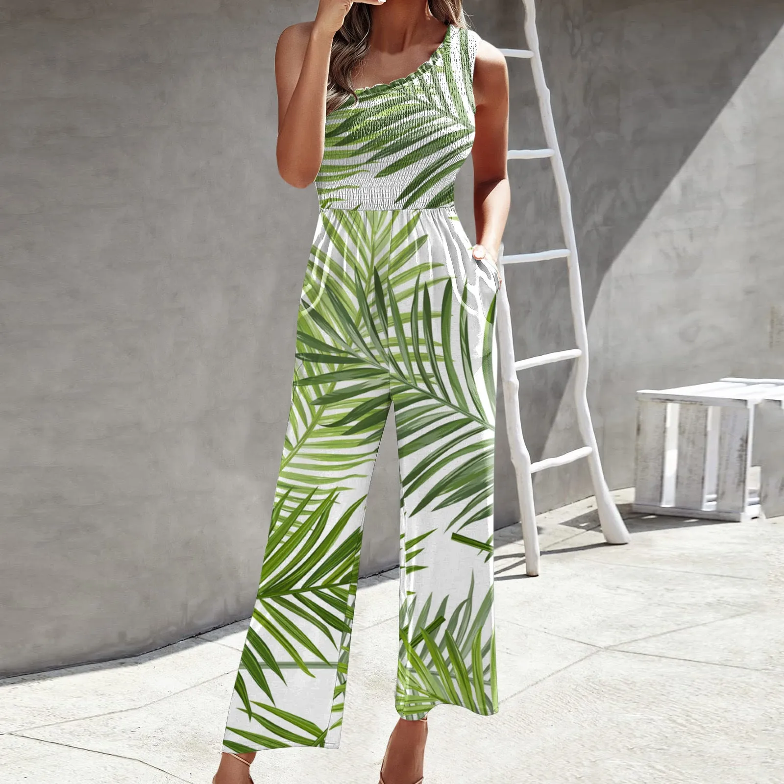 xiangtuibao Cross-Border Women's Clothing New Fashion Jumpsuit HOTan and NEWn Sexy Oblique Shoulder Tops Printed Waist-Controlled Wide Leg Pants Loose Trousers