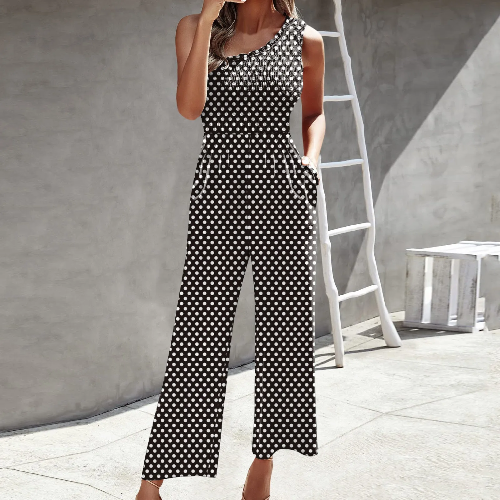 xiangtuibao Cross-Border Women's Clothing New Fashion Jumpsuit HOTan and NEWn Sexy Oblique Shoulder Tops Printed Waist-Controlled Wide Leg Pants Loose Trousers