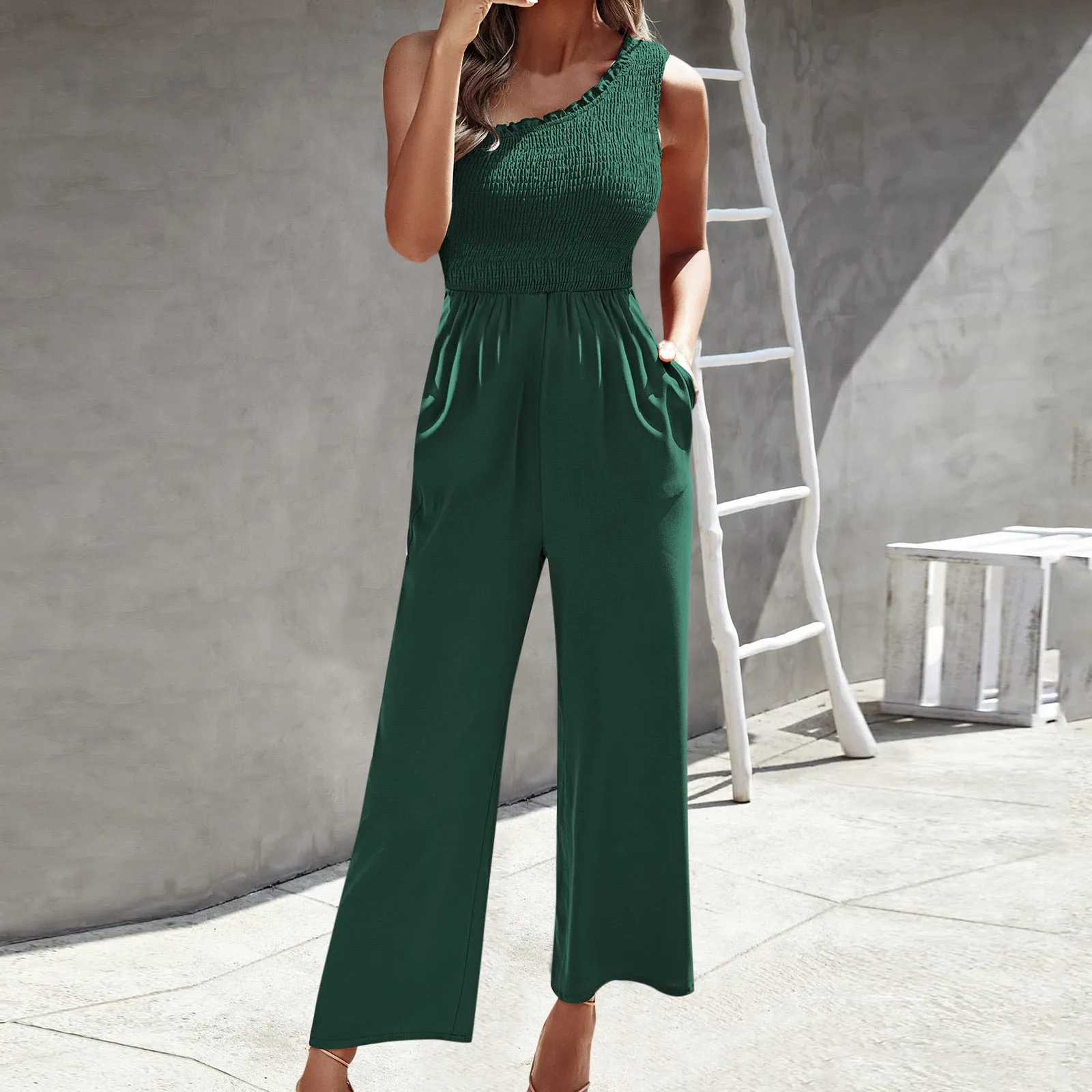 xiangtuibao Cross-Border Women's Clothing New Fashion Jumpsuit HOTan and NEWn Sexy Oblique Shoulder Tops Printed Waist-Controlled Wide Leg Pants Loose Trousers