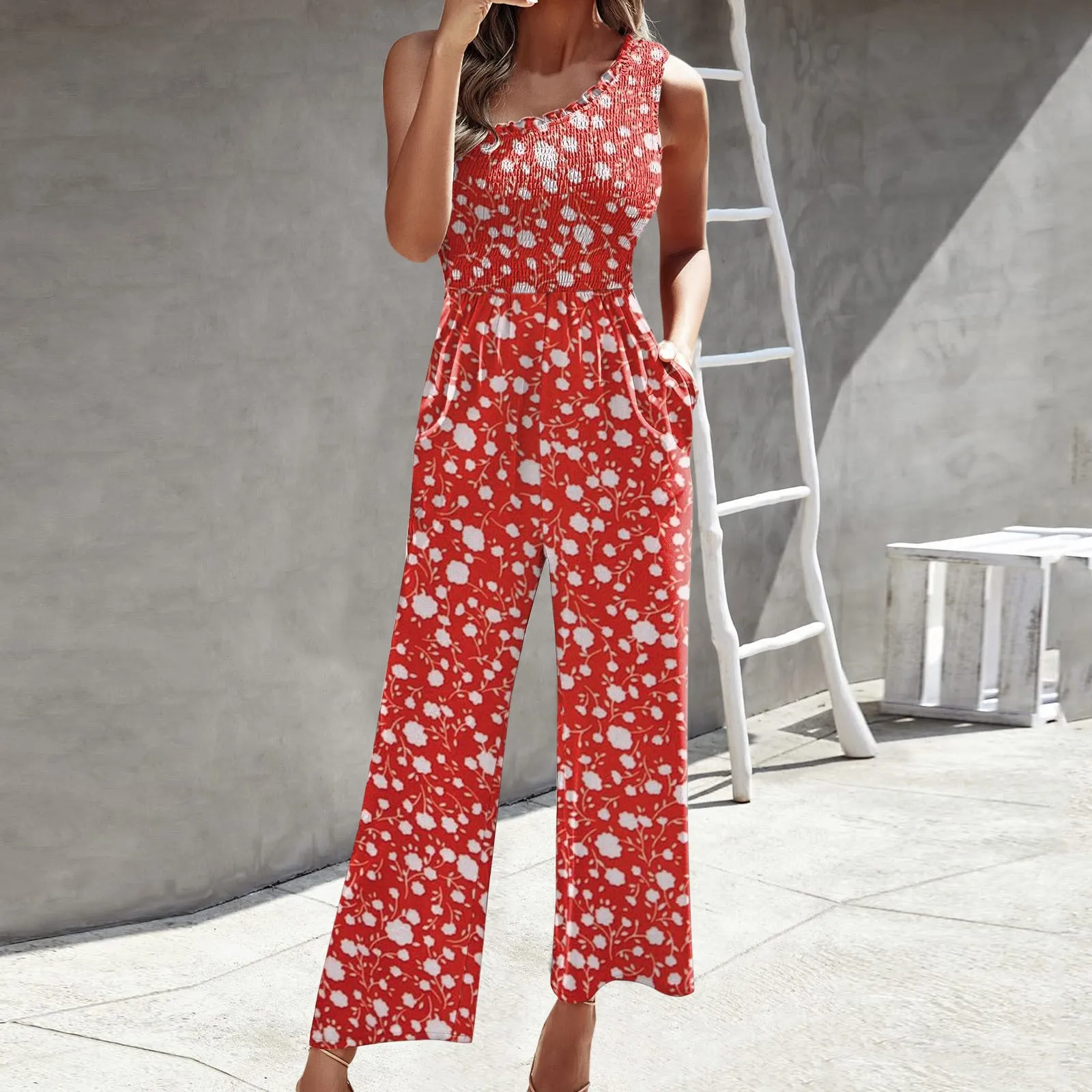 xiangtuibao Cross-Border Women's Clothing New Fashion Jumpsuit HOTan and NEWn Sexy Oblique Shoulder Tops Printed Waist-Controlled Wide Leg Pants Loose Trousers