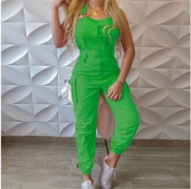 xiangtuibao HOT and NEW Cross Border Wish Women Workwear Pocket Design Jumpsuit Sleeveless Bib Simple Ankle Banded Pants Belt