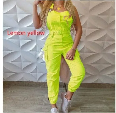 xiangtuibao HOT and NEW Cross Border Wish Women Workwear Pocket Design Jumpsuit Sleeveless Bib Simple Ankle Banded Pants Belt