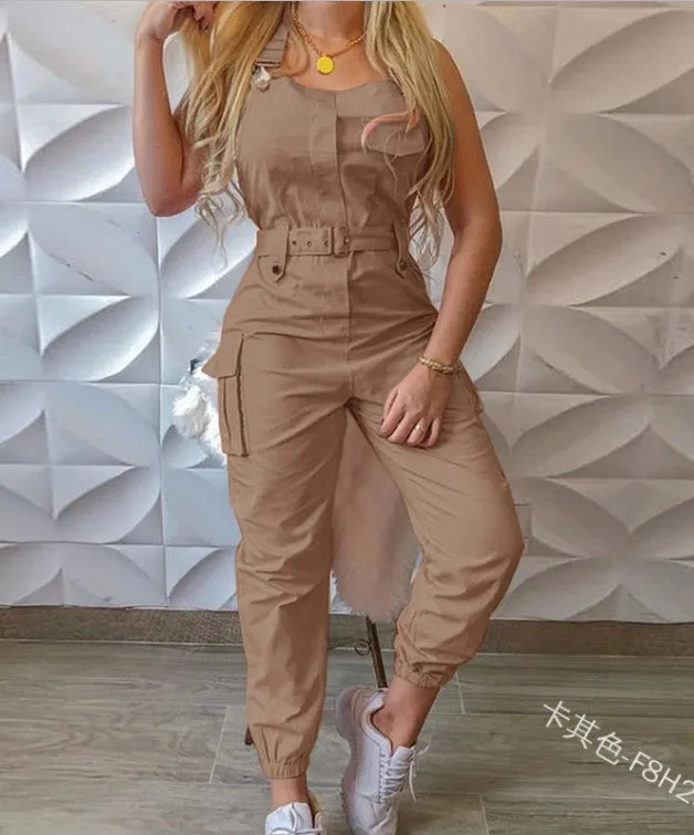 xiangtuibao HOT and NEW Cross Border Wish Women Workwear Pocket Design Jumpsuit Sleeveless Bib Simple Ankle Banded Pants Belt