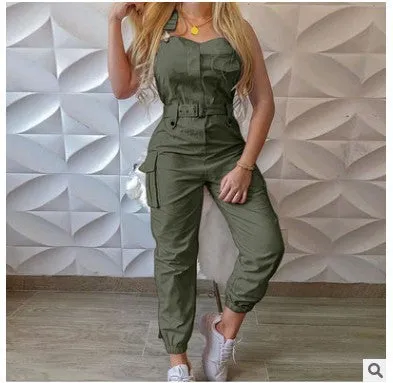 xiangtuibao HOT and NEW Cross Border Wish Women Workwear Pocket Design Jumpsuit Sleeveless Bib Simple Ankle Banded Pants Belt